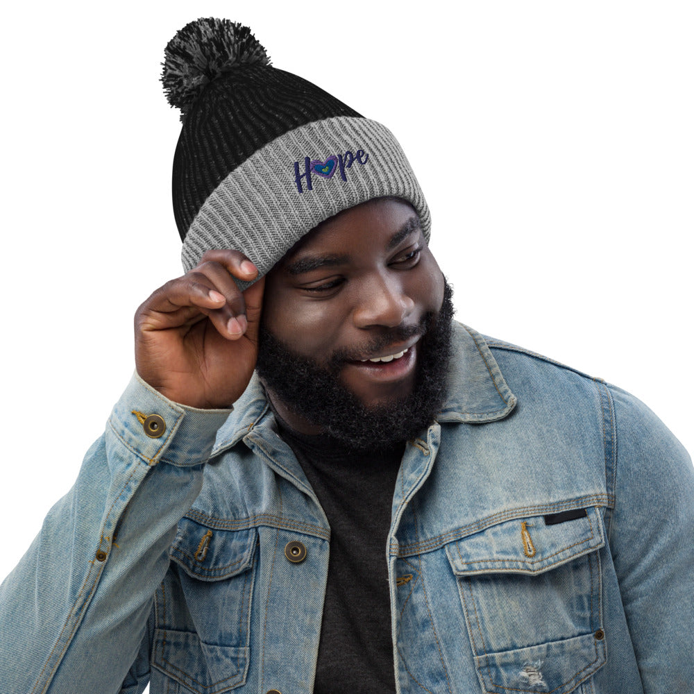 Speckled "Hope" Pom-Pom Beanie (Black and Grey)